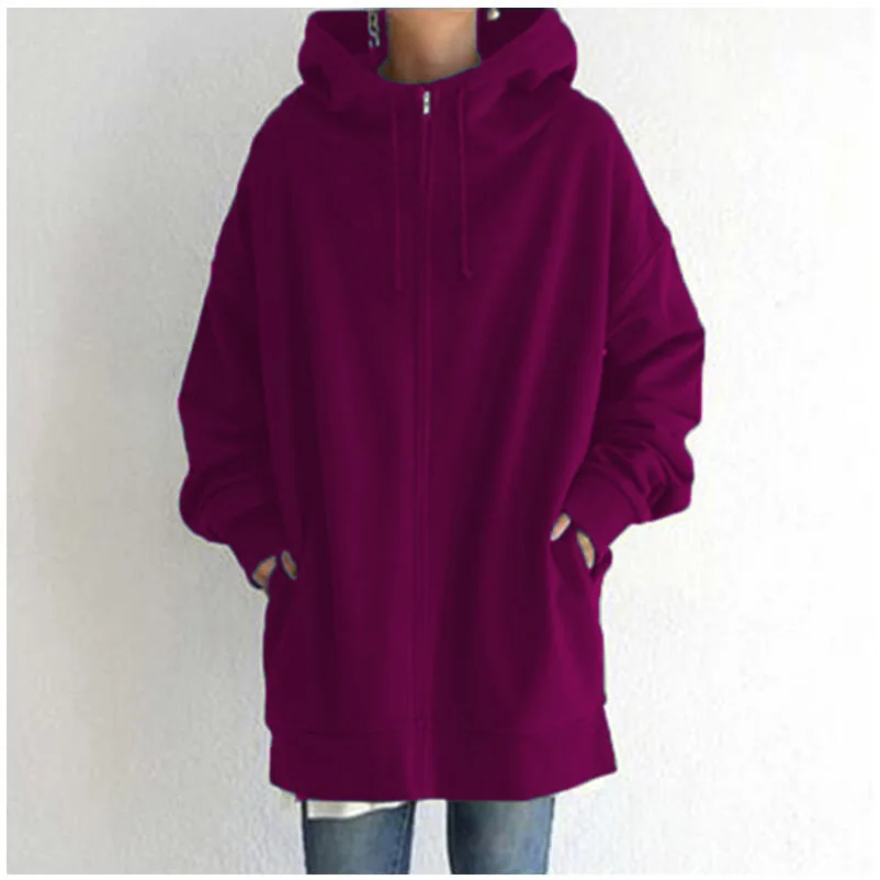 Oversized S-5XL Women Loose Hooded Coats Autumn Female Tie Collar Long Sleeve Zipper Up Add Velvet X-Long Sweatshirt JYFS-HS0714