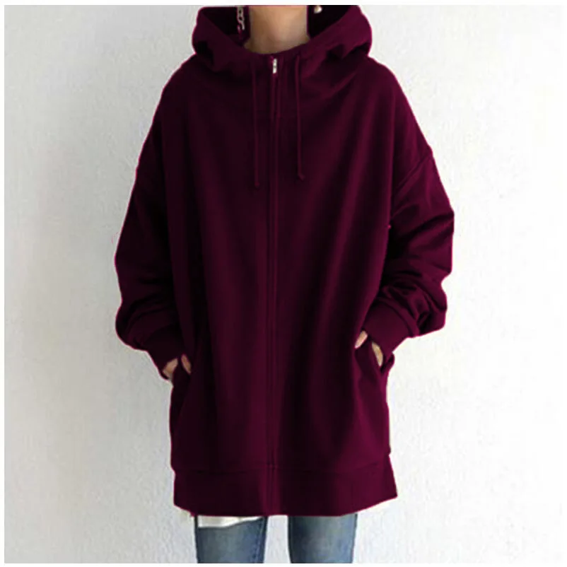 Oversized S-5XL Women Loose Hooded Coats Autumn Female Tie Collar Long Sleeve Zipper Up Add Velvet X-Long Sweatshirt JYFS-HS0714