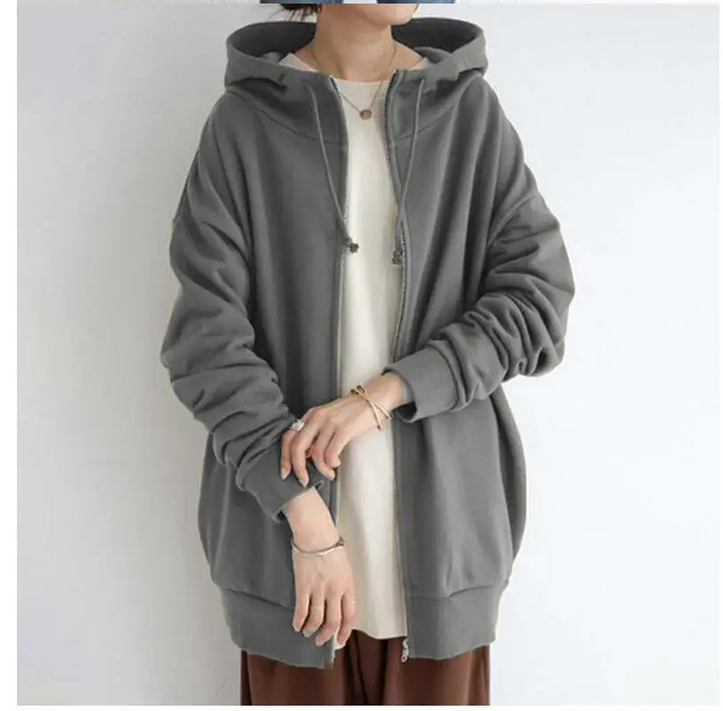 Oversized S-5XL Women Loose Hooded Coats Autumn Female Tie Collar Long Sleeve Zipper Up Add Velvet X-Long Sweatshirt JYFS-HS0714