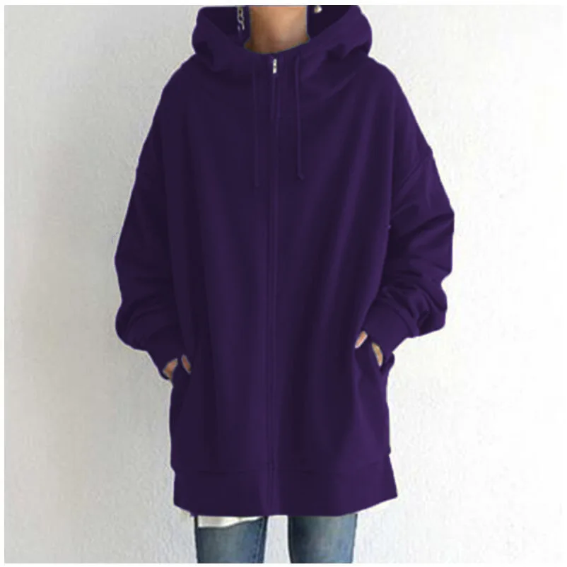 Oversized S-5XL Women Loose Hooded Coats Autumn Female Tie Collar Long Sleeve Zipper Up Add Velvet X-Long Sweatshirt JYFS-HS0714