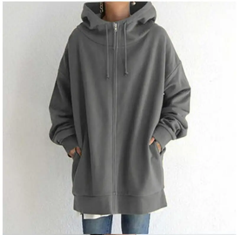 Oversized S-5XL Women Loose Hooded Coats Autumn Female Tie Collar Long Sleeve Zipper Up Add Velvet X-Long Sweatshirt JYFS-HS0714