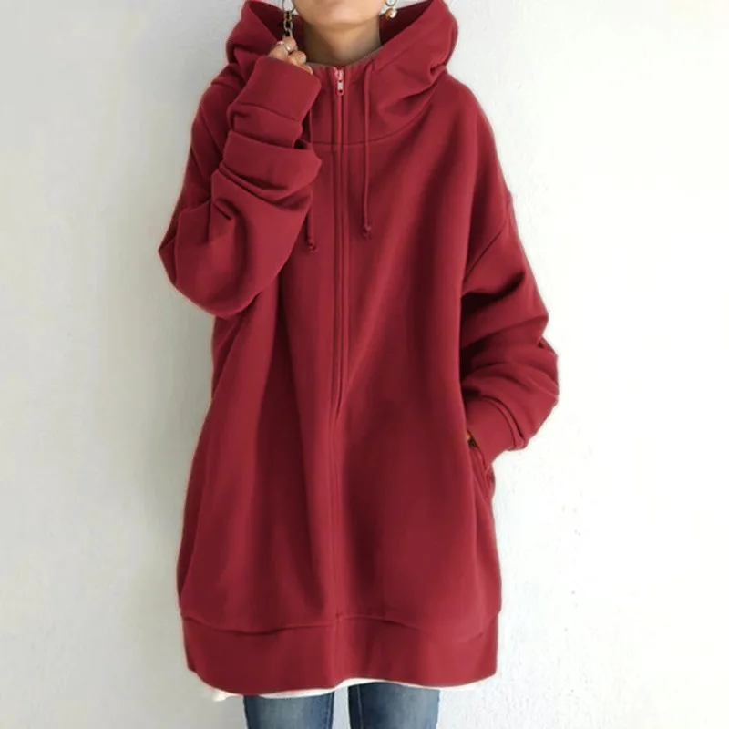 Oversized S-5XL Women Loose Hooded Coats Autumn Female Tie Collar Long Sleeve Zipper Up Add Velvet X-Long Sweatshirt JYFS-HS0714