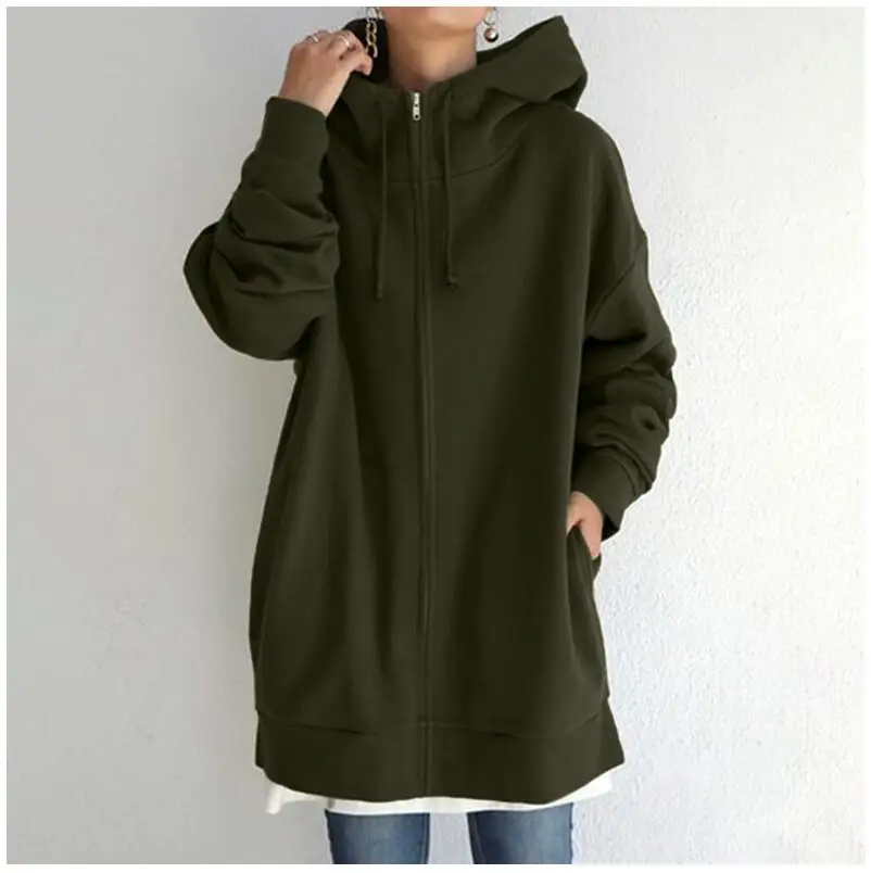 Oversized S-5XL Women Loose Hooded Coats Autumn Female Tie Collar Long Sleeve Zipper Up Add Velvet X-Long Sweatshirt JYFS-HS0714