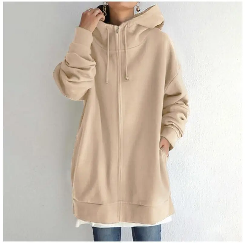 Oversized S-5XL Women Loose Hooded Coats Autumn Female Tie Collar Long Sleeve Zipper Up Add Velvet X-Long Sweatshirt JYFS-HS0714