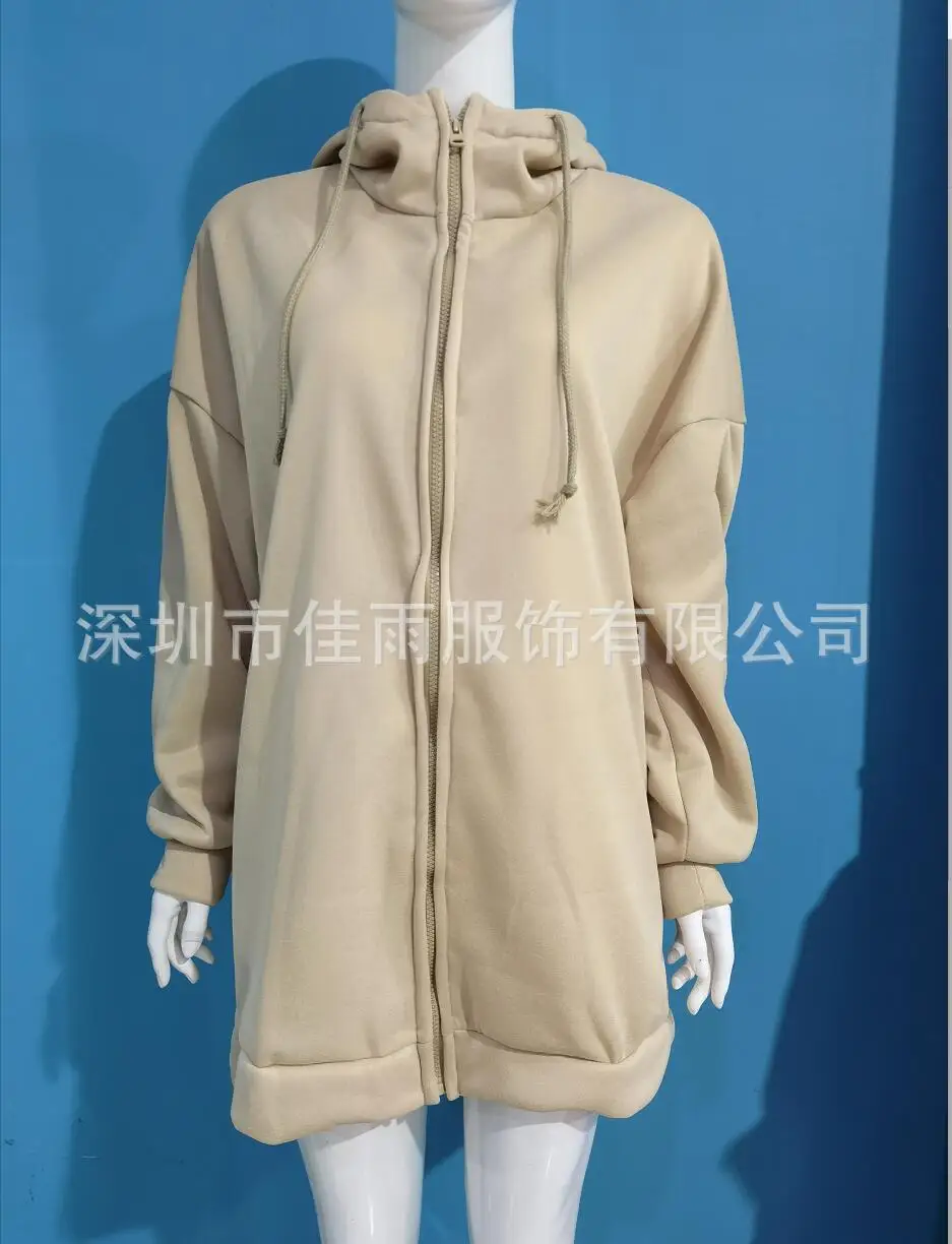 Oversized S-5XL Women Loose Hooded Coats Autumn Female Tie Collar Long Sleeve Zipper Up Add Velvet X-Long Sweatshirt JYFS-HS0714