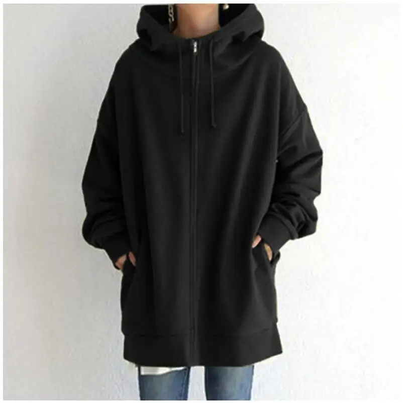 Oversized S-5XL Women Loose Hooded Coats Autumn Female Tie Collar Long Sleeve Zipper Up Add Velvet X-Long Sweatshirt JYFS-HS0714