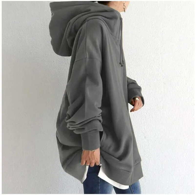 Oversized S-5XL Women Loose Hooded Coats Autumn Female Tie Collar Long Sleeve Zipper Up Add Velvet X-Long Sweatshirt JYFS-HS0714