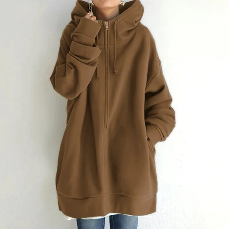 Oversized S-5XL Women Loose Hooded Coats Autumn Female Tie Collar Long Sleeve Zipper Up Add Velvet X-Long Sweatshirt JYFS-HS0714
