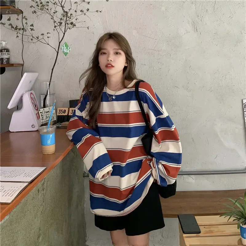 Women's Autumn T-shirt Striped Top Sweatshirt 2024 Korean Fashion Long-sleeved T-shirt Spliced Loose Couple Oversized Hoodie