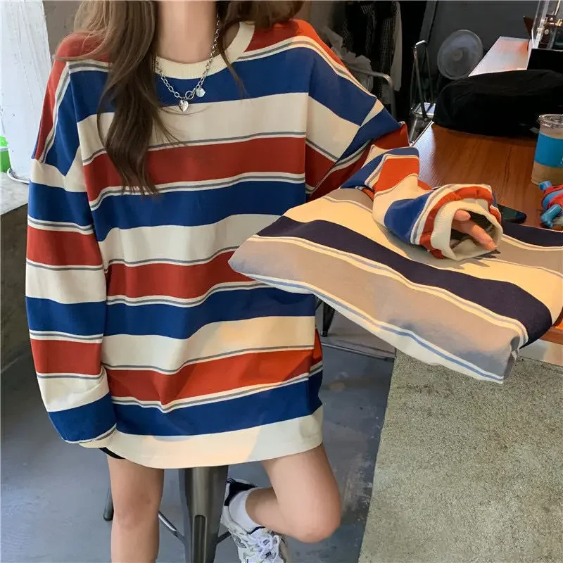 Women's Autumn T-shirt Striped Top Sweatshirt 2024 Korean Fashion Long-sleeved T-shirt Spliced Loose Couple Oversized Hoodie