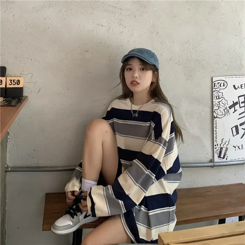 Women's Autumn T-shirt Striped Top Sweatshirt 2024 Korean Fashion Long-sleeved T-shirt Spliced Loose Couple Oversized Hoodie
