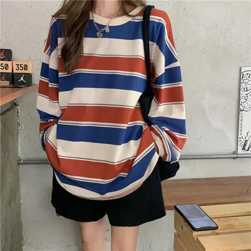Women's Autumn T-shirt Striped Top Sweatshirt 2024 Korean Fashion Long-sleeved T-shirt Spliced Loose Couple Oversized Hoodie