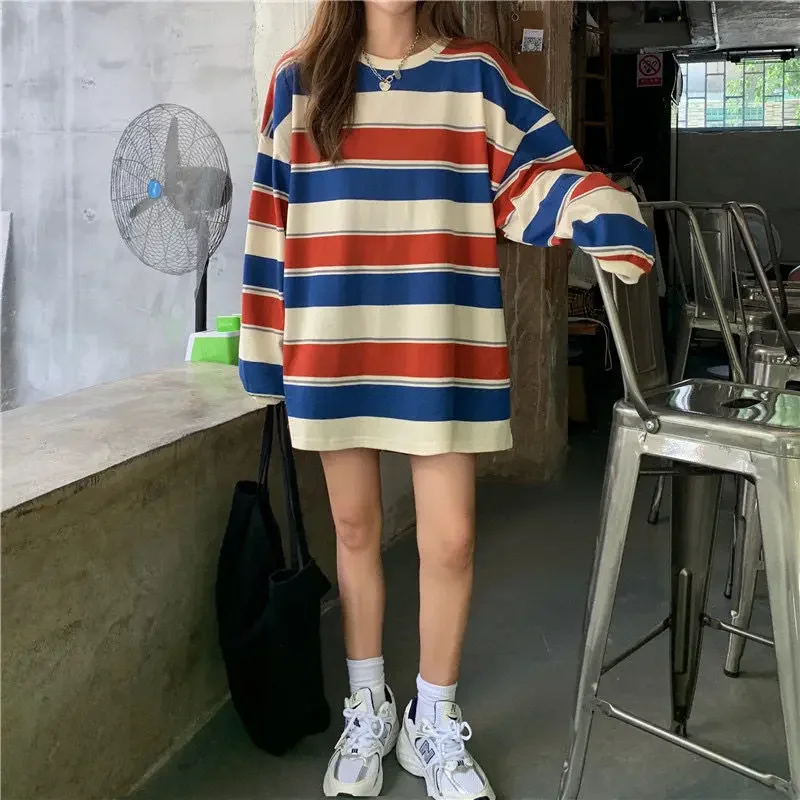 Women's Autumn T-shirt Striped Top Sweatshirt 2024 Korean Fashion Long-sleeved T-shirt Spliced Loose Couple Oversized Hoodie