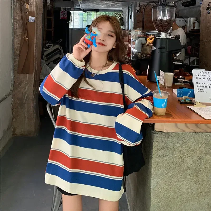 Women's Autumn T-shirt Striped Top Sweatshirt 2024 Korean Fashion Long-sleeved T-shirt Spliced Loose Couple Oversized Hoodie