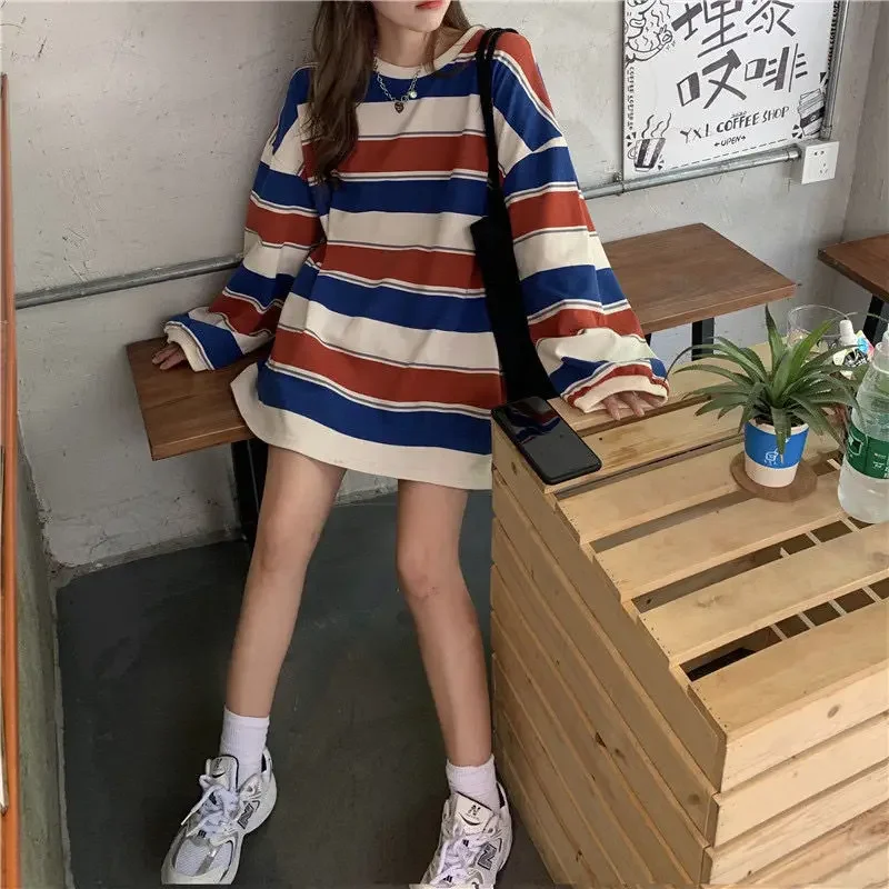 Women's Autumn T-shirt Striped Top Sweatshirt 2024 Korean Fashion Long-sleeved T-shirt Spliced Loose Couple Oversized Hoodie