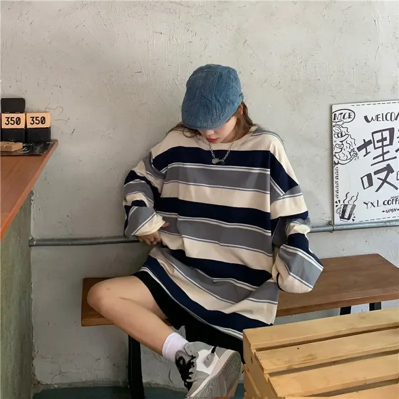 Women's Autumn T-shirt Striped Top Sweatshirt 2024 Korean Fashion Long-sleeved T-shirt Spliced Loose Couple Oversized Hoodie