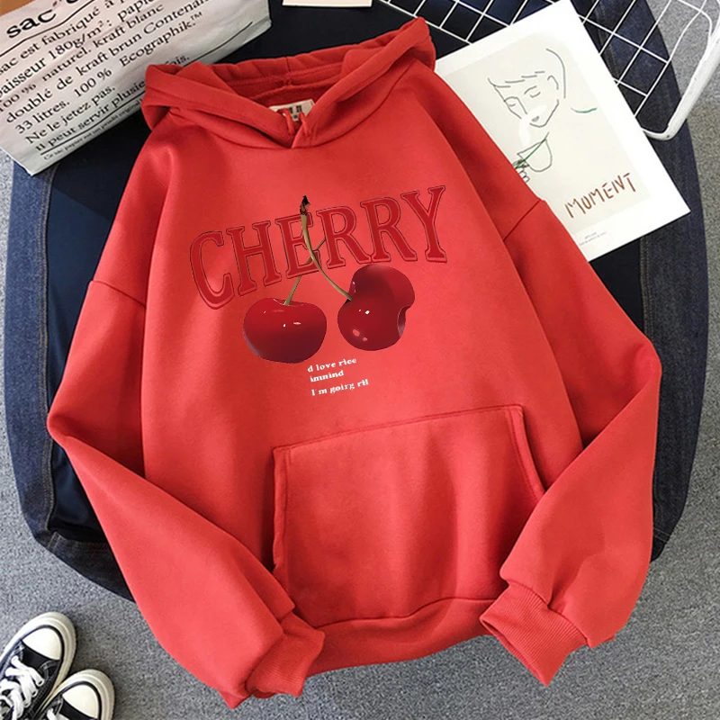 Girls 2000s Cherry Love Long Sleeve Pocket Hoodies Funny Gothic Sweatshirt Women's Print Casual Hoody Streetwear Y2k Clothes