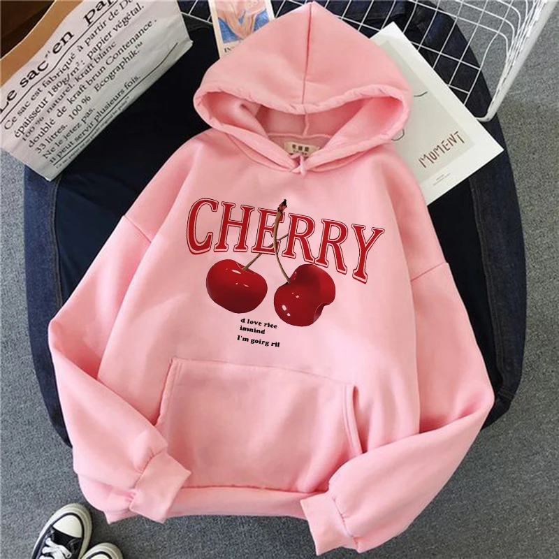 Girls 2000s Cherry Love Long Sleeve Pocket Hoodies Funny Gothic Sweatshirt Women's Print Casual Hoody Streetwear Y2k Clothes