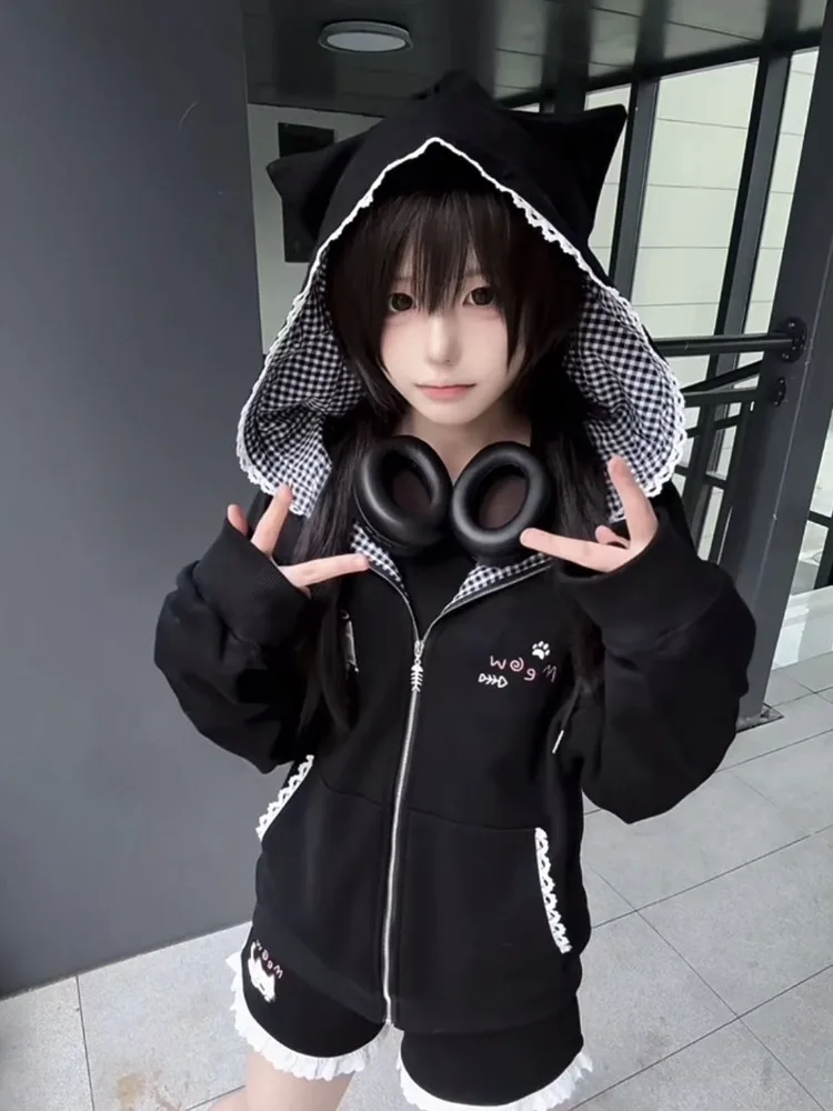 Cat Ears Hooded Sweatshirts Jackets Women's Clothing Long Sleeve Zipper Cartoon Jacket Casual Fashion Korean Y2k Hoodies Coats