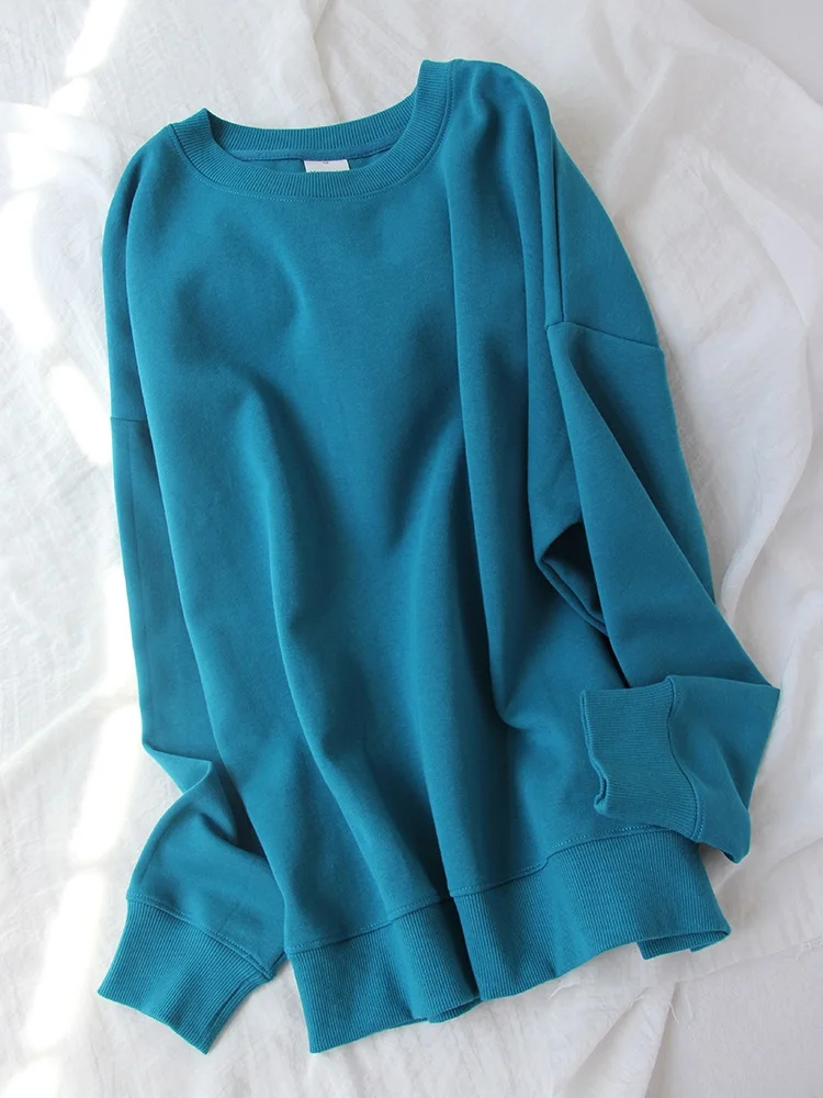 Blue Cotton Sweatshirts Oversize Women O Neck Loose Pullovers Long Sleeve Top Solid Oversized Green Sweatshirt For Women