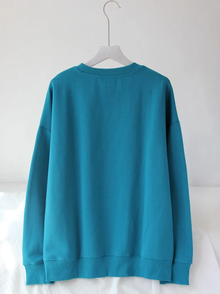 Blue Cotton Sweatshirts Oversize Women O Neck Loose Pullovers Long Sleeve Top Solid Oversized Green Sweatshirt For Women
