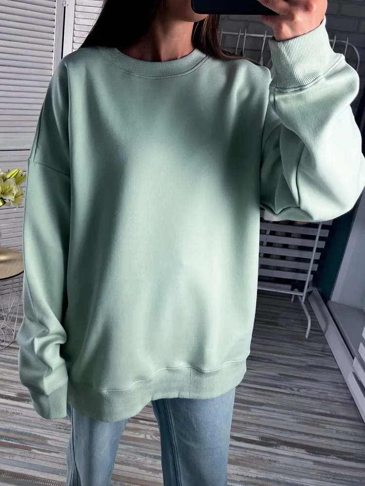 Blue Cotton Sweatshirts Oversize Women O Neck Loose Pullovers Long Sleeve Top Solid Oversized Green Sweatshirt For Women