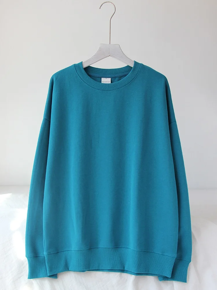 Blue Cotton Sweatshirts Oversize Women O Neck Loose Pullovers Long Sleeve Top Solid Oversized Green Sweatshirt For Women