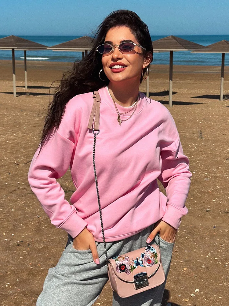 Blue Cotton Sweatshirts Oversize Women O Neck Loose Pullovers Long Sleeve Top Solid Oversized Green Sweatshirt For Women