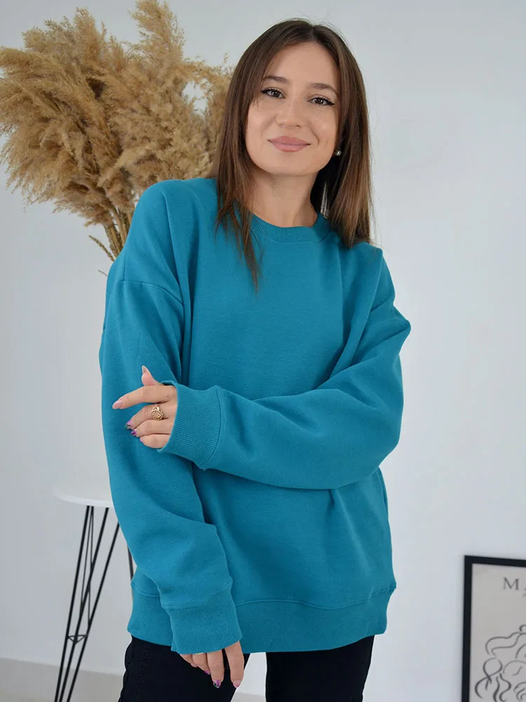 Blue Cotton Sweatshirts Oversize Women O Neck Loose Pullovers Long Sleeve Top Solid Oversized Green Sweatshirt For Women