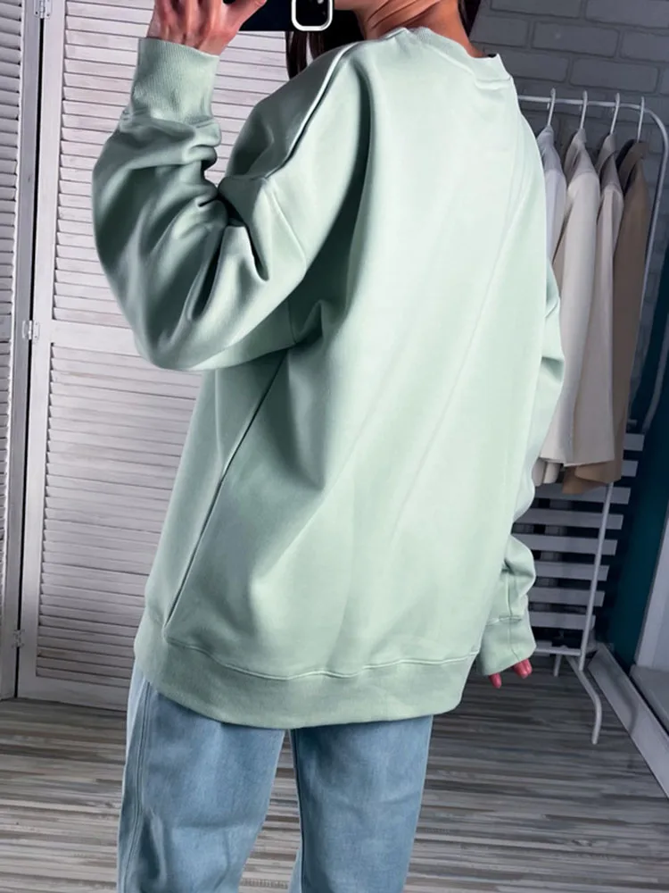 Blue Cotton Sweatshirts Oversize Women O Neck Loose Pullovers Long Sleeve Top Solid Oversized Green Sweatshirt For Women
