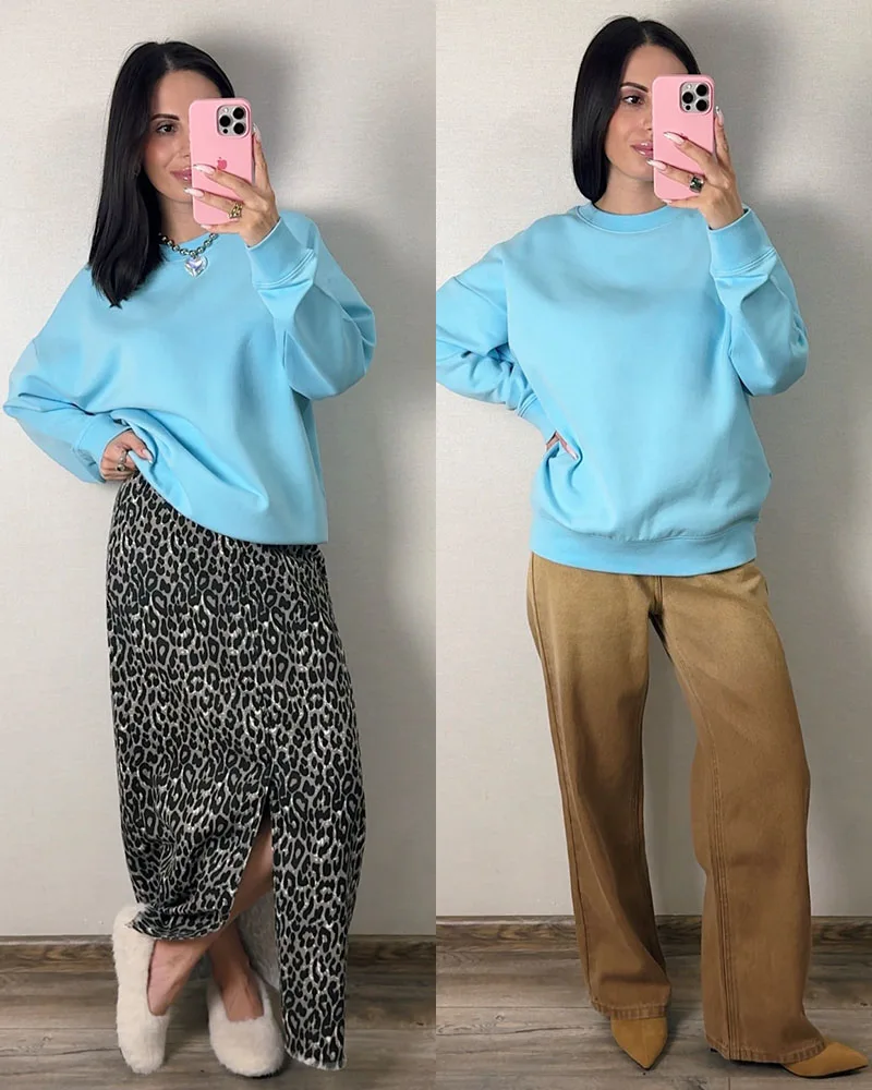 Blue Cotton Sweatshirts Oversize Women O Neck Loose Pullovers Long Sleeve Top Solid Oversized Green Sweatshirt For Women