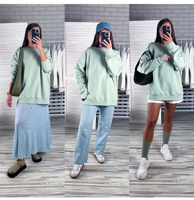 Blue Cotton Sweatshirts Oversize Women O Neck Loose Pullovers Long Sleeve Top Solid Oversized Green Sweatshirt For Women