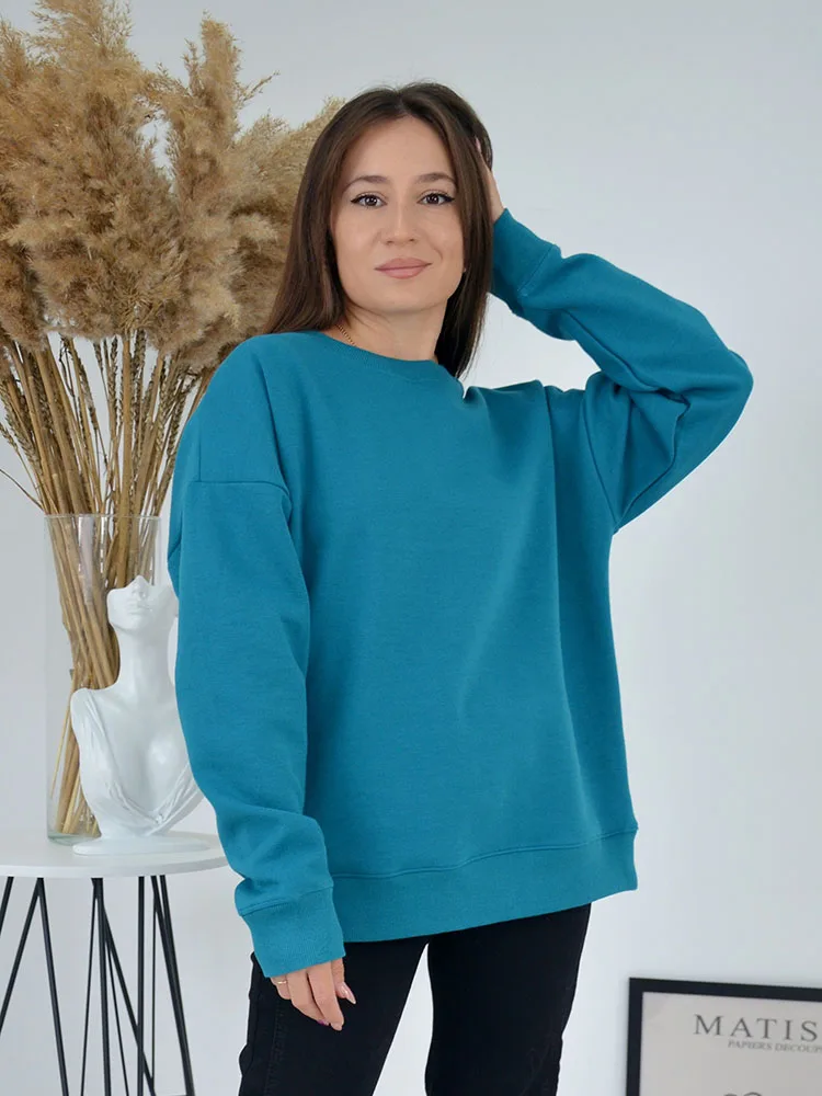 Blue Cotton Sweatshirts Oversize Women O Neck Loose Pullovers Long Sleeve Top Solid Oversized Green Sweatshirt For Women