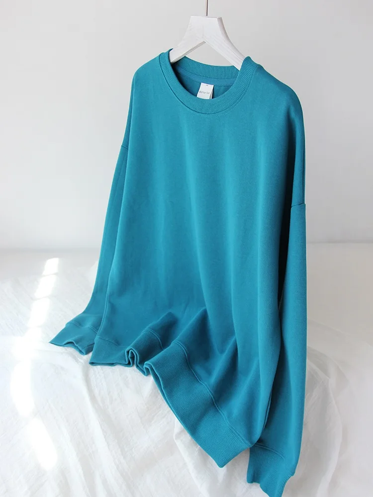Blue Cotton Sweatshirts Oversize Women O Neck Loose Pullovers Long Sleeve Top Solid Oversized Green Sweatshirt For Women