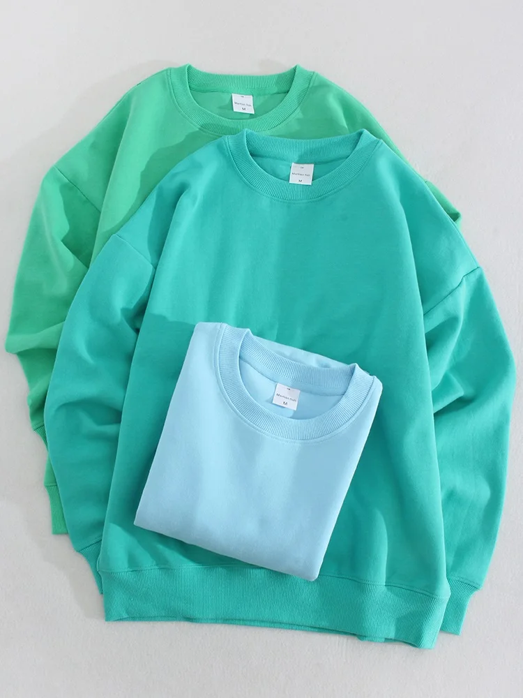 Blue Cotton Sweatshirts Oversize Women O Neck Loose Pullovers Long Sleeve Top Solid Oversized Green Sweatshirt For Women