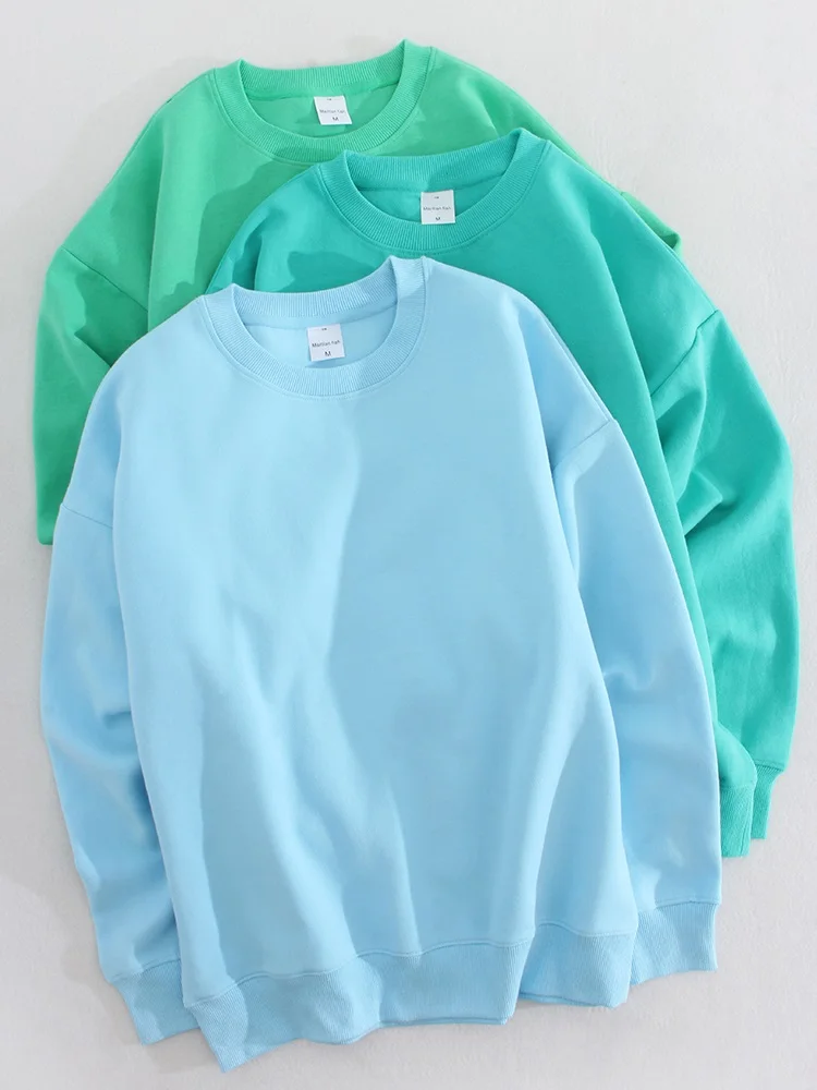 Blue Cotton Sweatshirts Oversize Women O Neck Loose Pullovers Long Sleeve Top Solid Oversized Green Sweatshirt For Women