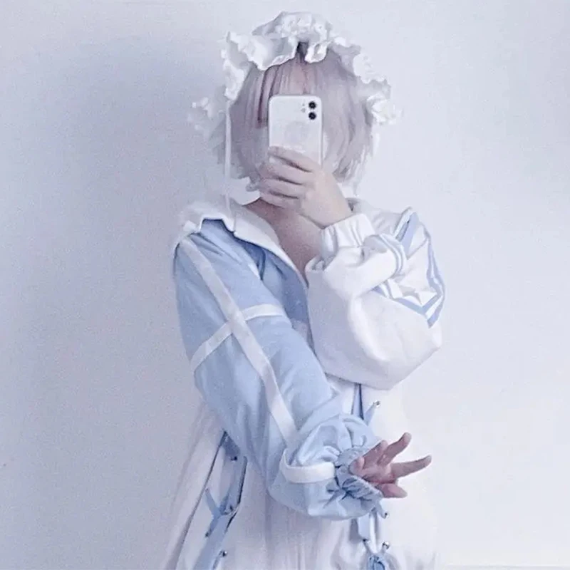 Girls Stitch Woman Clothing Subculture Japanese Hoodie Blue White Autumn Woman Sweatshirts Zipper Winter y2k Clothes Hoodies