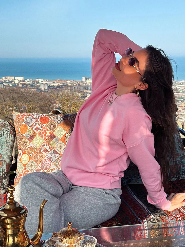 White Oversized Crewneck Sweatshirts Women Autumn Comfort Colors Pink Mom Sweatshirt Yellow Cotton Fall Sweatshirt For Women