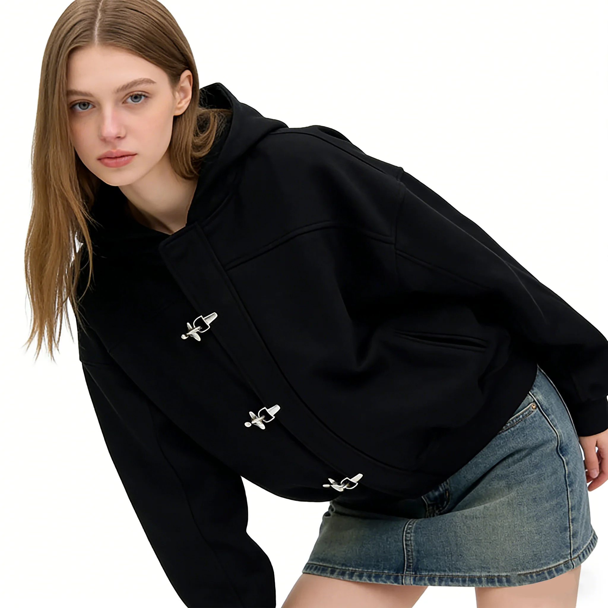 Y2k American Vintage Hoodie Fashion Design Sense High Street Personality Button Solid Long Sleeve Pullover Hoodie Jacket Unisex