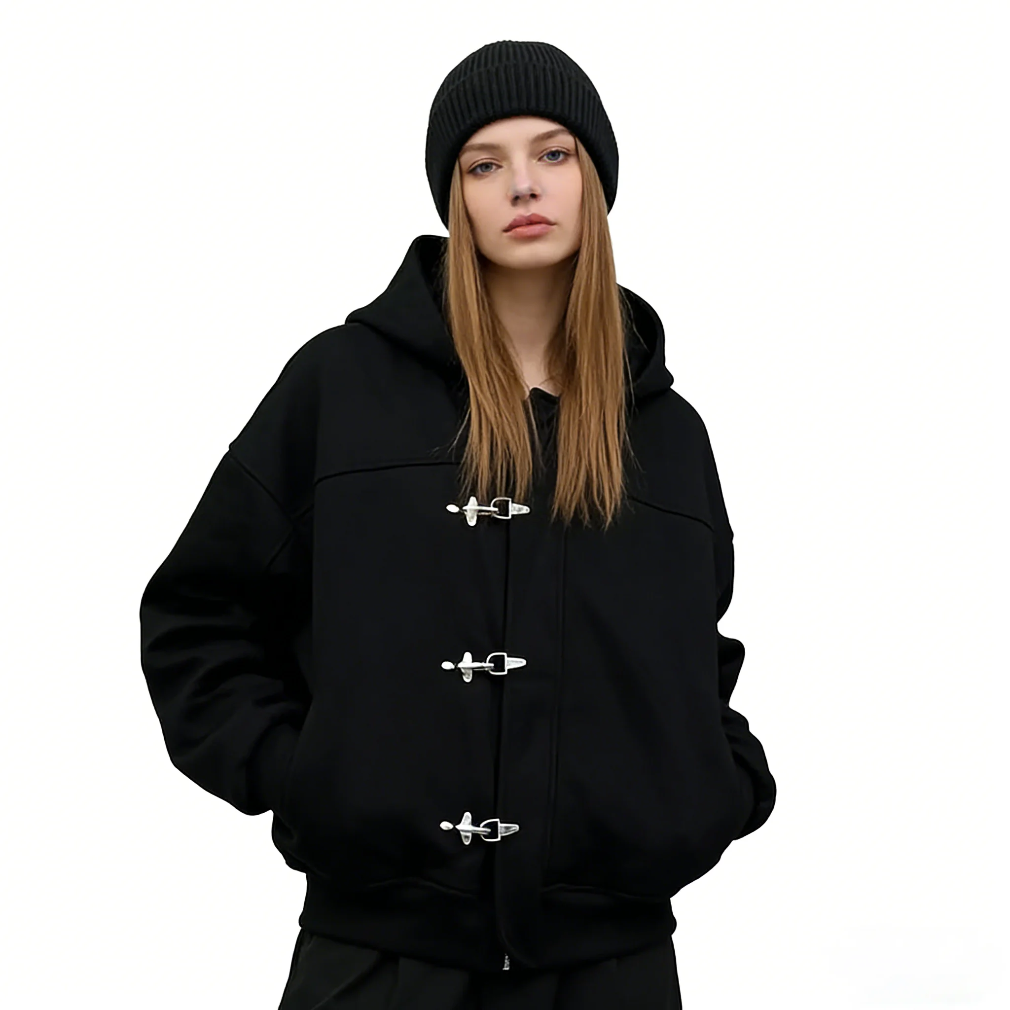 Y2k American Vintage Hoodie Fashion Design Sense High Street Personality Button Solid Long Sleeve Pullover Hoodie Jacket Unisex