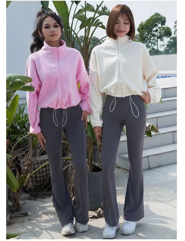 New Autumn Winter Clothes Warm Casual High Waist Coat Solid Color Fleece Fitness Short Jacket Slim Lady Zipper Sweatshirt Women