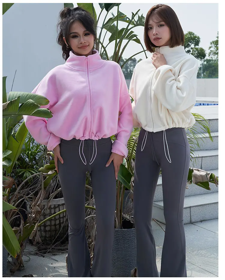 New Autumn Winter Clothes Warm Casual High Waist Coat Solid Color Fleece Fitness Short Jacket Slim Lady Zipper Sweatshirt Women