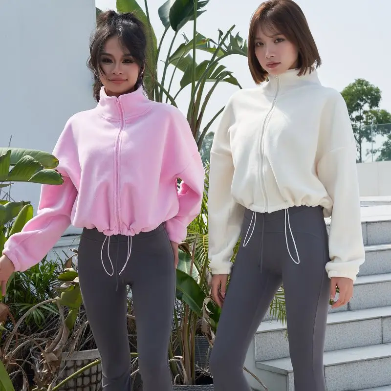 New Autumn Winter Clothes Warm Casual High Waist Coat Solid Color Fleece Fitness Short Jacket Slim Lady Zipper Sweatshirt Women