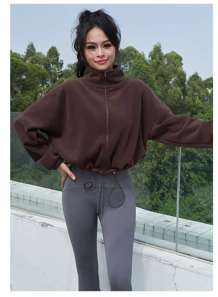 New Autumn Winter Clothes Warm Casual High Waist Coat Solid Color Fleece Fitness Short Jacket Slim Lady Zipper Sweatshirt Women