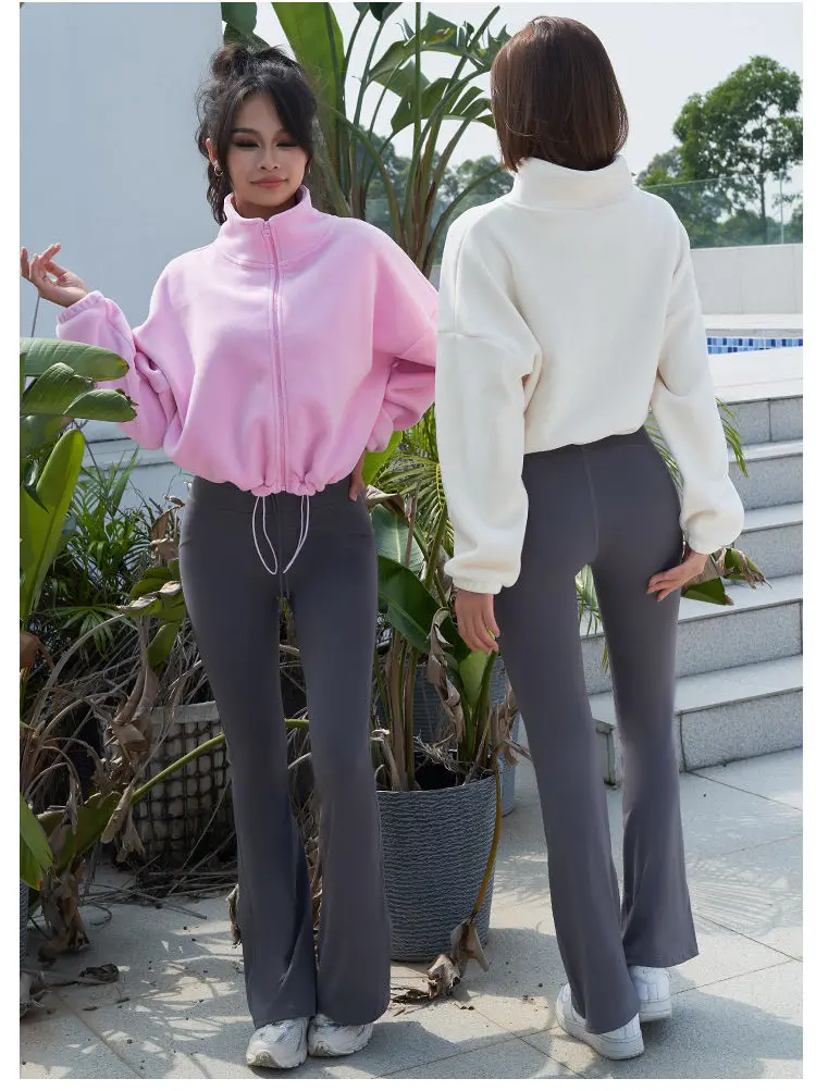 New Autumn Winter Clothes Warm Casual High Waist Coat Solid Color Fleece Fitness Short Jacket Slim Lady Zipper Sweatshirt Women