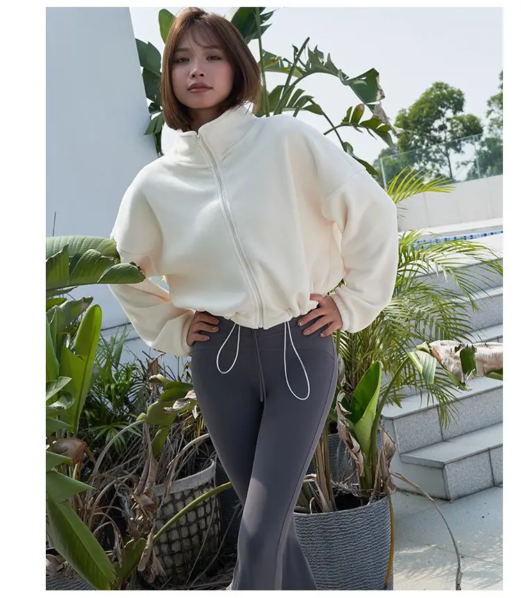 New Autumn Winter Clothes Warm Casual High Waist Coat Solid Color Fleece Fitness Short Jacket Slim Lady Zipper Sweatshirt Women