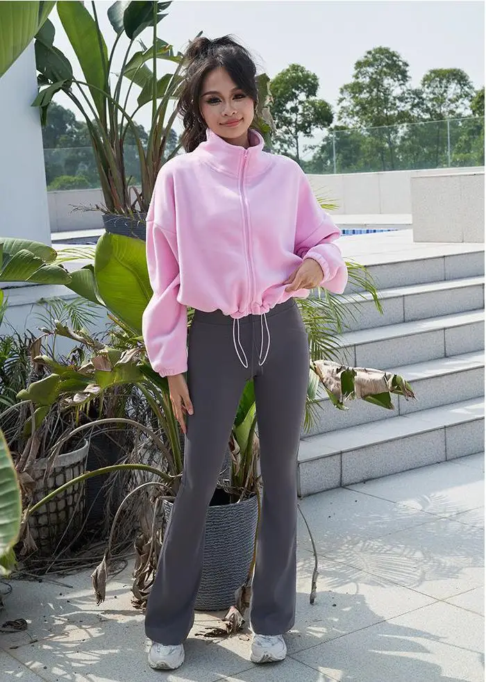 New Autumn Winter Clothes Warm Casual High Waist Coat Solid Color Fleece Fitness Short Jacket Slim Lady Zipper Sweatshirt Women