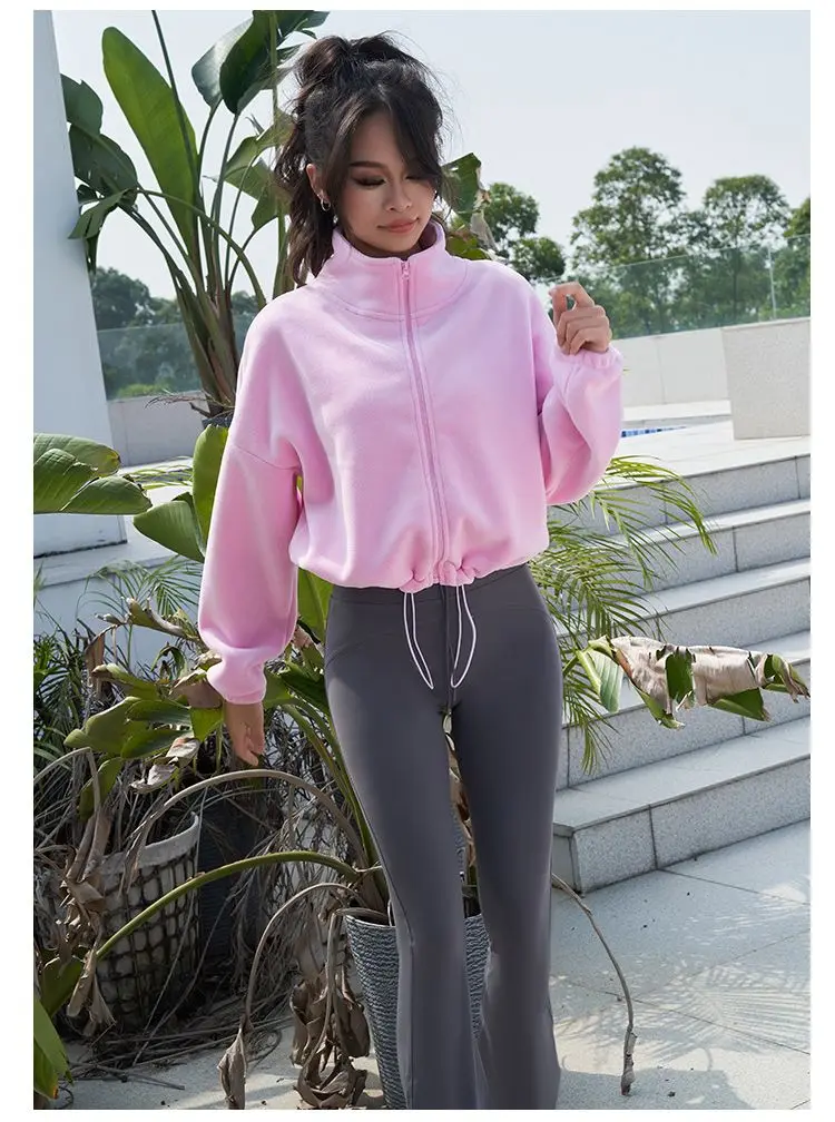 New Autumn Winter Clothes Warm Casual High Waist Coat Solid Color Fleece Fitness Short Jacket Slim Lady Zipper Sweatshirt Women
