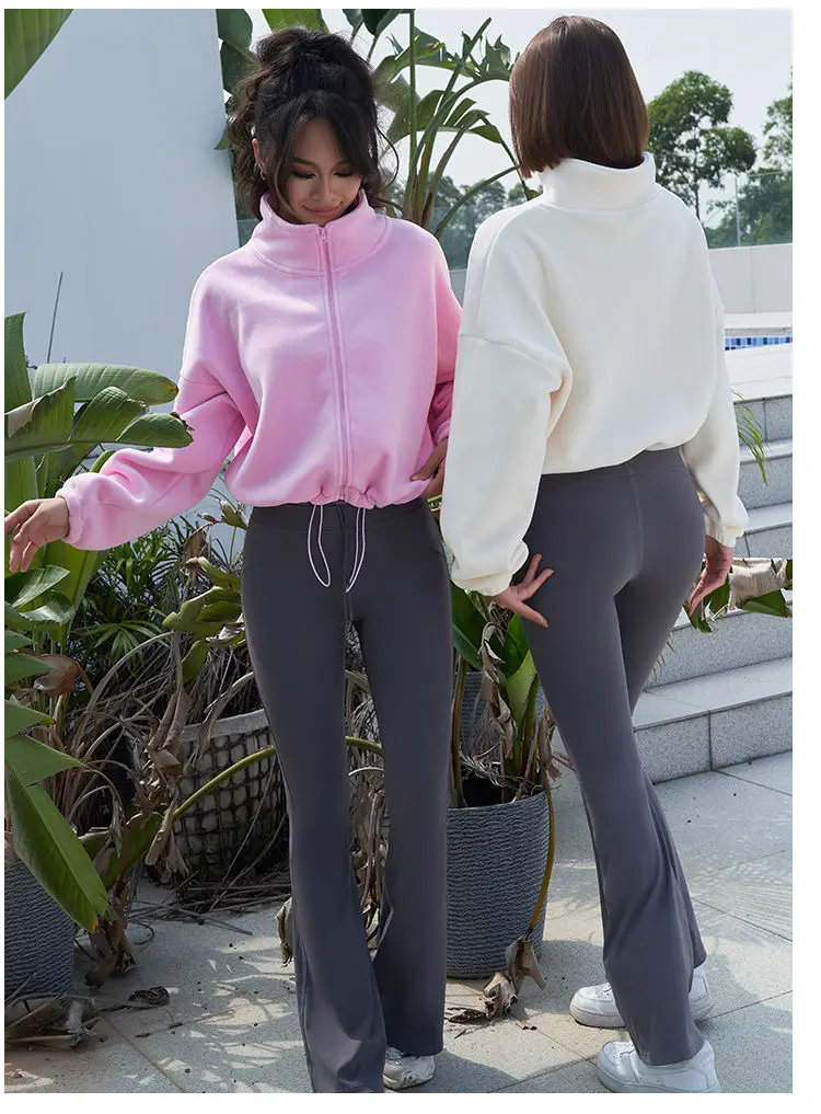 New Autumn Winter Clothes Warm Casual High Waist Coat Solid Color Fleece Fitness Short Jacket Slim Lady Zipper Sweatshirt Women