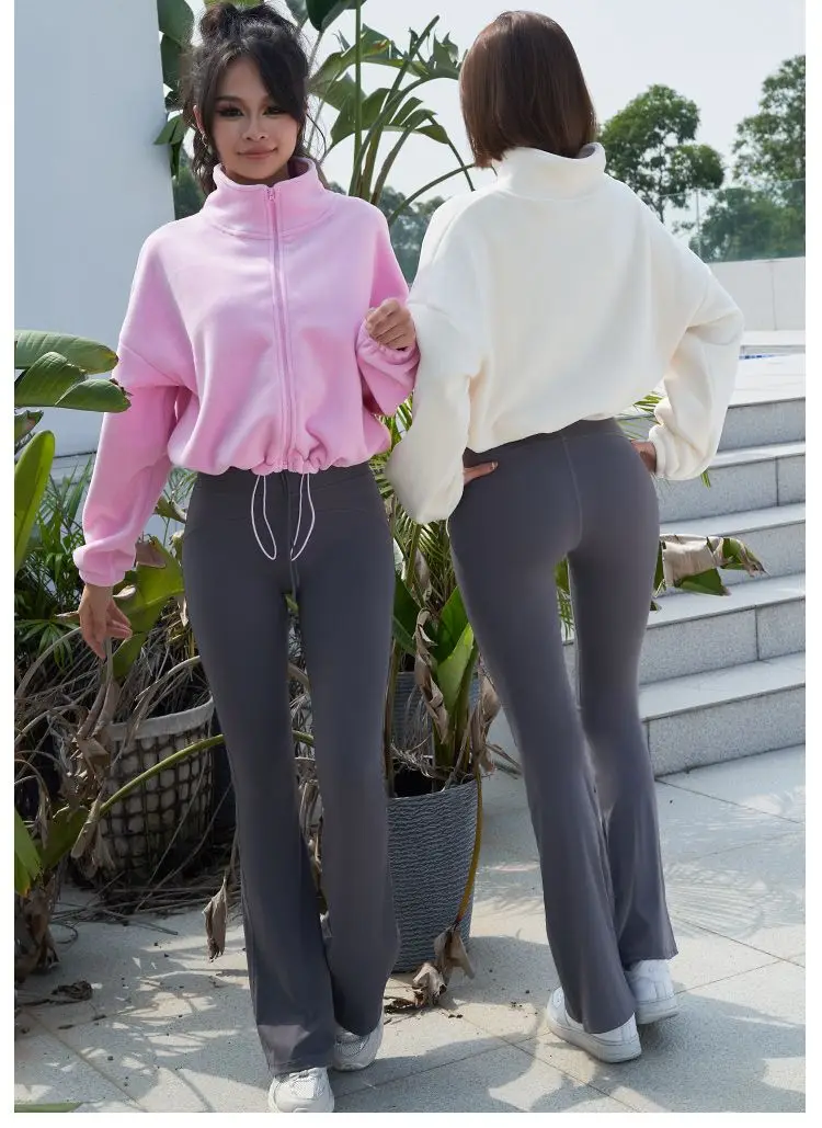 New Autumn Winter Clothes Warm Casual High Waist Coat Solid Color Fleece Fitness Short Jacket Slim Lady Zipper Sweatshirt Women